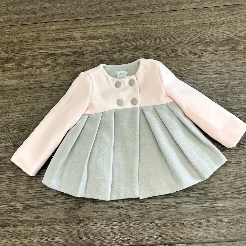 TAHARI BABY Pea coat pleated Pink and Gray flare jacket size 12M